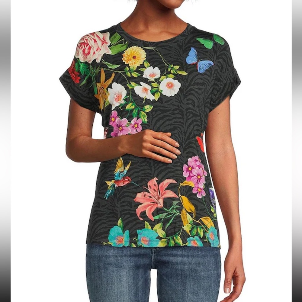 JOHNNY WAS Blooming Breeze Floral Print Crew Neck Short Sleeve Relaxed Tee Shirt